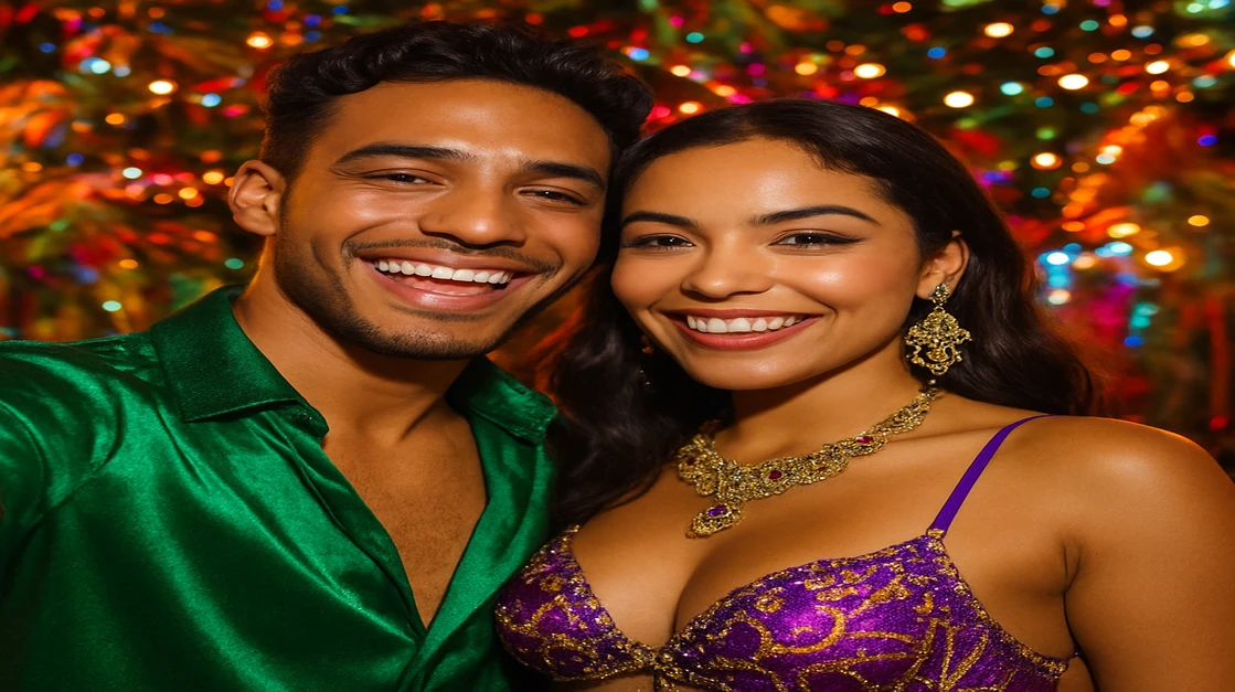 রঙিন কার্নিভাল পোশাকে একটি সুখী ও আকর্ষণীয় জুটি একটি প্রাণবন্ত খোলা উৎসব উপভোগ করছে, যেখানে একসঙ্গে গেম খেলার মজা, সামাজিকতা ও উত্তেজনাপূর্ণ পরিবেশ takabe এ প্রতিফলিত হচ্ছে।