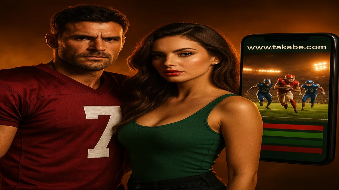 একটি আকর্ষণীয় দম্পতি—পুরুষ ও নারী—যারা ফুটবল পোশাক পরা, takabe স্পোর্টস গেমিং অ্যাপটি দেখিয়ে একটি স্মার্টফোন হাতে ধরে দাঁড়িয়ে আছেন, খেলা ভালোবাসা এমন ভক্তদের জন্য নিখুঁত সেট।
